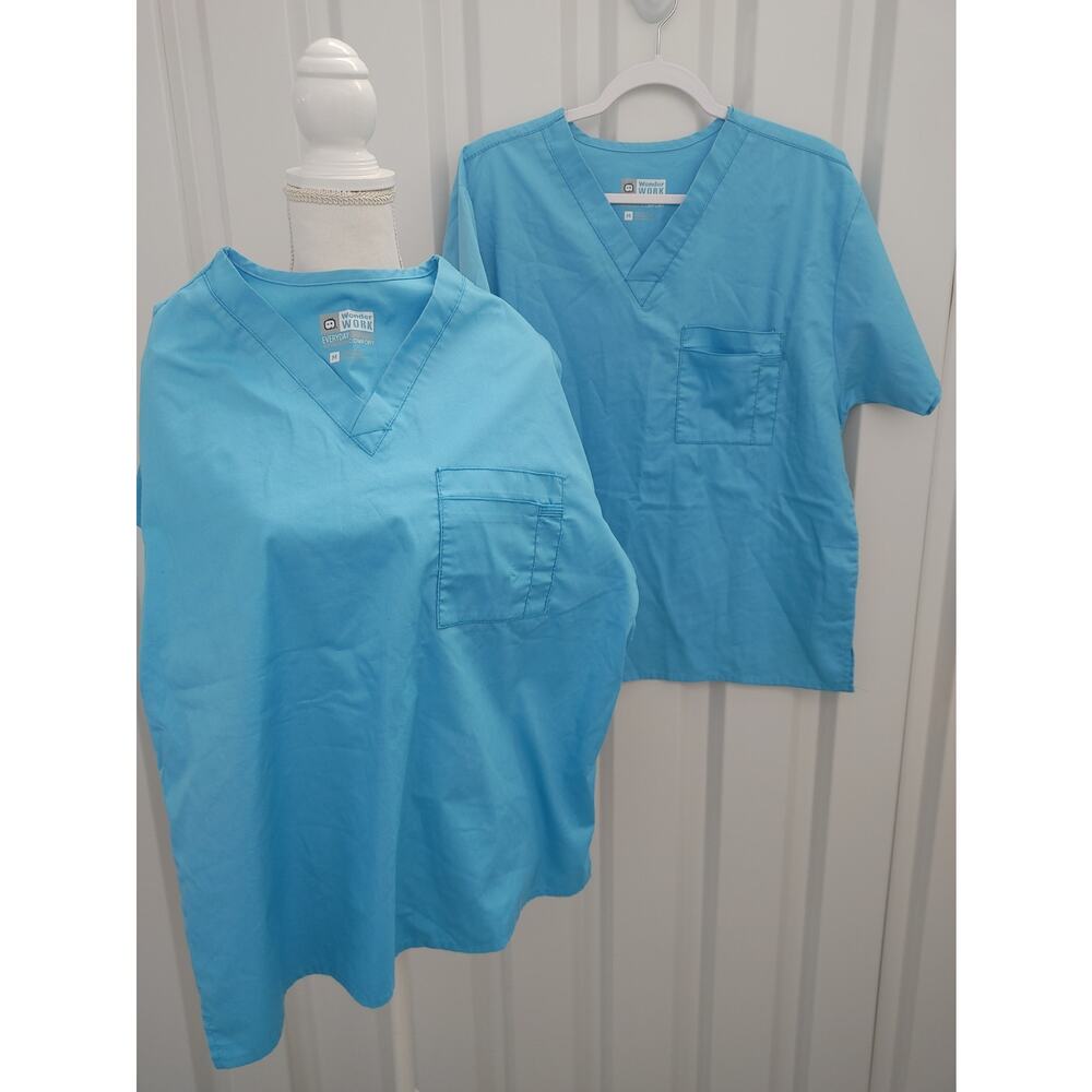 2 x Wonder Work Scrub Tops Vneck Upper Pockets Blue